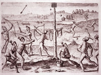 Amerikai őslakosok, akik futást, nyilak lövöldözést és labdadobást gyakorolnak, Florida (gravírozás alkotó: Theodore de Bry