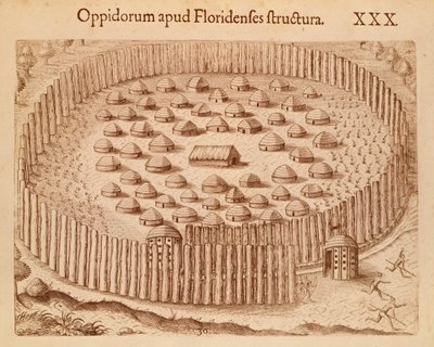 Native Village Floridában, Theodore de Bry illusztrációja a Floridai diskurzusból alkotó: Theodore de Bry