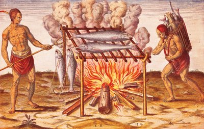 Bennszülöttek élete: Theodore De Bry Admiranda Narratio című elbeszéléséből származó illusztráció: Hogyan főznek halat az indiánok? alkotó: Theodore de Bry