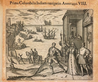 Izabella királynő és Ferdinánd király Kolumbusz Kristóf távozását üdvözlik Palosban, Spanyolországban, Theodor de Bry (1528-1598) metszete alkotó: Theodore de Bry