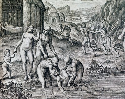 A bennszülöttek által használt gyógymódok betegségek ellen, metszet a Historia America-ból, Theodor de Bry (1528-1598), Frankfurt alkotó: Theodore de Bry