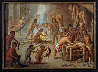 A kannibalizmus színtere Brazíliában 1644-ben Az indiánok felfalták ellenségeiket és foglyaikat. Jan van Kessel dit le vieux (1626-1679) (ec.flam.) festménye Theodore de Bry brazíliai utazásainak illusztrációjáról. Nap. 0,18x0,24 m La Rochelle, musee d alkotó: Theodore de Bry