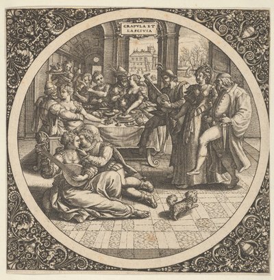 Jelenet Galantsszal egy banketten egy körben a központban, 1580-1600. alkotó: Theodore de Bry