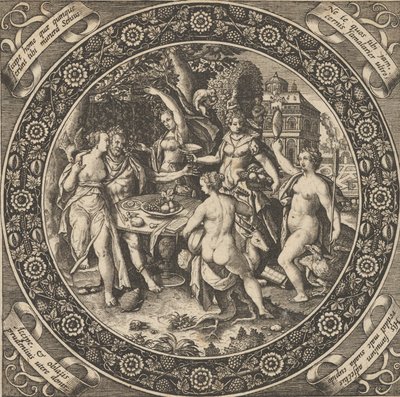 Jelenet a szerelem lakomájával egy körben a központban, 1580-1600. alkotó: Theodore de Bry