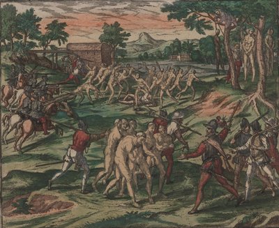 A rabszolgák megpróbálják legyőzni spanyol tulajdonosaikat, de elfogják és felakasztják a fákra, 1595. alkotó: Theodore de Bry