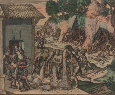 A rabszolgák ércet öntenek az európai katonák elé. A háttérben rabszolgák dolgoznak a bányákban, 1595. alkotó: Theodore de Bry