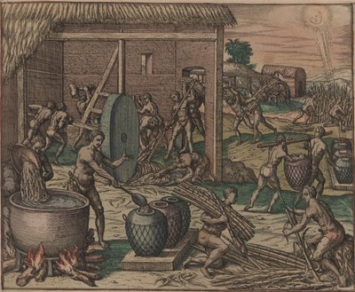 A rabszolgák cukornádat dolgoznak fel és cukrot készítenek, 1595. alkotó: Theodore de Bry