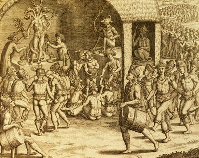 Dél-amerikai őslakos vallási rítus, metszet a Historia americae-ből, Theodor de Bry (1528-1598), Frankfurt alkotó: Theodore de Bry