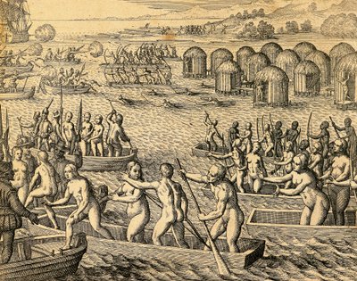 Dél-amerikai bennszülöttek támadják a hódítók hajóit alkotó: Theodore de Bry