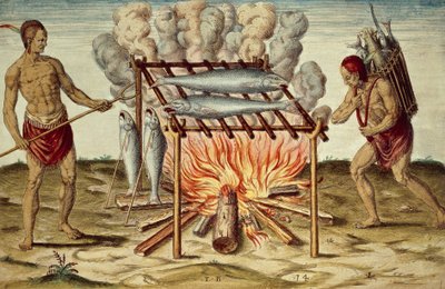 Taino bennszülöttek halat főznek, Theodor de Bry (1528-1598) színes metszete John White festményéből, rövid és igaz beszámoló Virginia új megtalált földjéről alkotó: Theodore de Bry