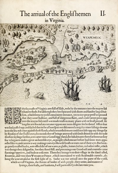 „Az angolok érkezése Virginiába” Thomas Harriot „A Briefe and True Report of the New Found Land of Virginia” című könyvéből (metszet) alkotó: Theodore de Bry
