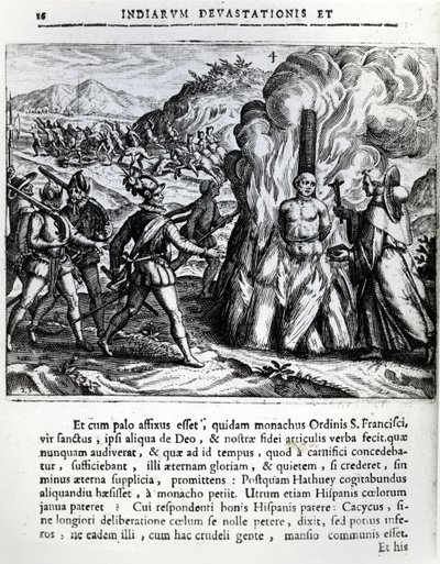 Hatuey felgyújtása a spanyolok által a kubai Yara városában, 1512. február 2-án, 1664. alkotó: Theodore de Bry