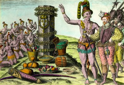 A floridaiak érkeztek Jean Ribault (1520-1565) francia navigátor oszlopos erigéje az első floridai expedícióhoz. Metszet Theodore De Bry (1528-1598) „Amerika történelméből” 16. századi magángyűjtemény alkotó: Theodore de Bry