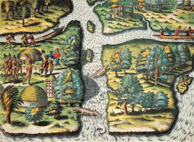 A franciák segítenek a bennszülötteknek élelemhez jutni alkotó: Theodore de Bry