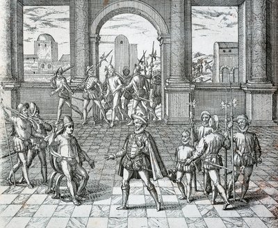 Atahualpa inka király spanyol fogságba esett Cajamarcában, Theodore de Bry illusztrációja az amerikai történelemből alkotó: Theodore de Bry