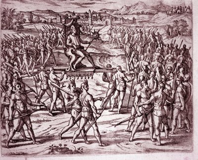 Az inka királyt, Atahualpa (vagy Atabaliba) napformájú jogart tartva egy almon viszik, hogy találkozzon Francisco Pizarroval (metszet alkotó: Theodore de Bry