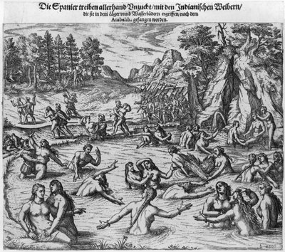 A spanyolok bántalmazták az indiai nőket Atahualpa király (kb. 1502-33) 1532-es elfogása után alkotó: Theodore de Bry