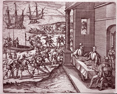 Francisco Pizarro, Diego de Almagro és Hernando de Luque spanyol hódítók egyesítették erőiket Peru meghódítására (metszet alkotó: Theodore de Bry