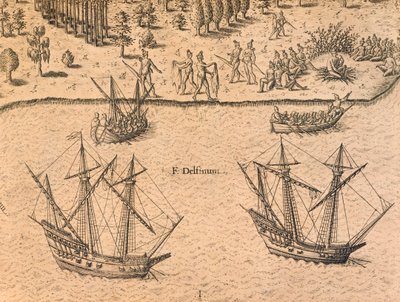 Francia hajók érkezése Floridába alkotó: Theodore de Bry