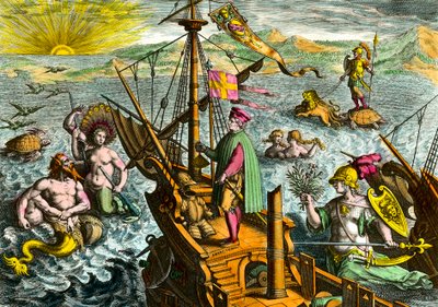Amerigo Vespucci olasz navigátor (1454-1512) hajója alkotó: Theodore de Bry