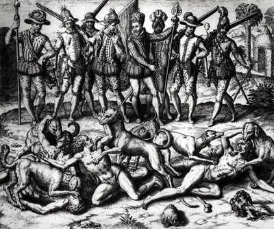 Vasco Nunez de Balboa (1475-1571) kutyái megtámadják az indiánokat alkotó: Theodore de Bry