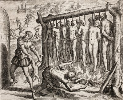 Tizenhárom felakasztott és megégetett áldozat, a spanyol telepesek által indiánok ellen elkövetett bűncselekmények ábrázolása Bartolome de las Casas (metszet) alkotó: Theodore de Bry