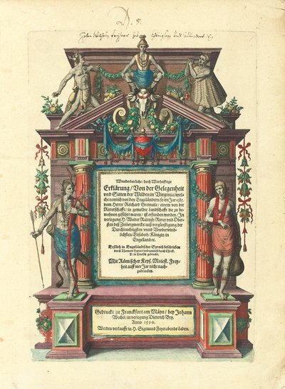 A „Nagy utazások: Amerika” első részének első német nyelvű kiadásának címlapja, 1590 alkotó: Theodore de Bry