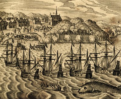 A mexikói Acapulco kikötő képe, metszet a Historia Americae-ból, Theodor de Bry (1528-1598), Frankfurt alkotó: Theodore de Bry