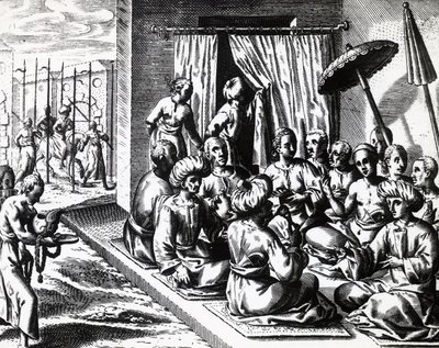 Esküvői szertartás Bantamban, Jáva szigetén, Theodor de Bry (1528-1598) metszete. metszet alkotó: Theodore de Bry