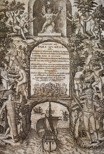Nyugat-India vagy Amerika, Theodor de Bry (1528-1598), előlap, metszet alkotó: Theodore de Bry
