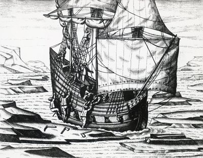 William Barents (kb. 1550-1597) hajója az észak-keleti átjárót kereső harmadik holland expedíció során, Theodor de Bry (1528-1598), metszet alkotó: Theodore de Bry