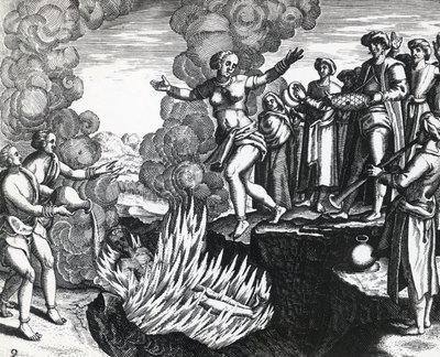 Férje máglyájára vetett nő, Theodor de Bry (1528-1598), metszet alkotó: Theodore de Bry