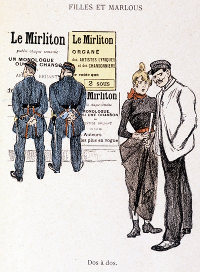 Lány és Marlou: egy strici és egy prostituált két rendőr mögött. Steinlen „Az életben” című könyvében alkotó: Théophile Alexandre Steinlen