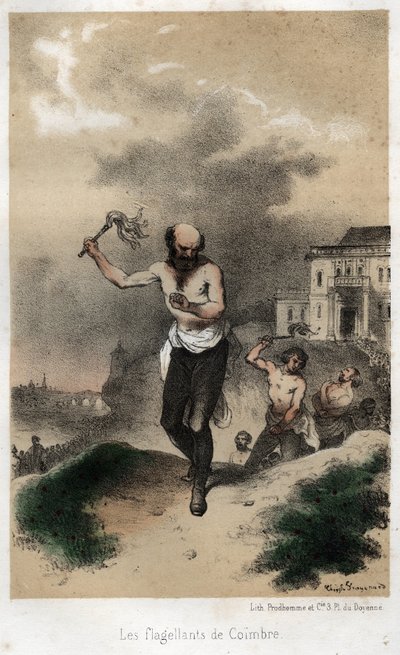 Coimbre zászlósai: a portugáliai coimbrai jezsuiták 1560 körül korbácsolással vezeklik bűneiket nyilvánosan. Metszet 1845-ből a „”-be A jezsuiták drámai és festői története a rend alapításától napjainkig alkotó: Theophile Evariste Fragonard