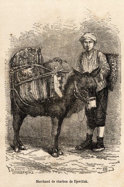 Szénkereskedő szamarával Djewiliskben (Észak-Anatólia), amelyet az elbeszélő 1869-es lazisztáni és örményországi utazását illusztráló rajza nyomán metszett, Theophile Deyrolle, megjelent a „Le tour du monde” 1875-ben, szerkesztette Edouard Charton alkotó: Theophile Louis Deyrolle