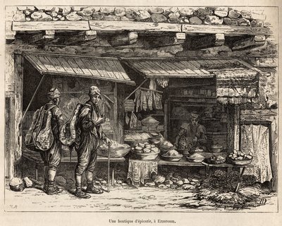 Élelmiszerbolt Erzeroumban (Örményország), a szerző rajza nyomán gravírozva, amely a lazisztáni és örményországi utazást illusztrálja, Theophile Deyrolles 1869-ben, megjelent a "" Le tour du monde"" 1875-ben, szerkesztette Edouard Charton, Hachette kiadás, alkotó: Theophile Louis Deyrolle