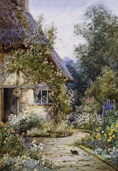 Víkendház kert macskával az előtérben; és nyáron egy Cottage Border alkotó: Theresa Sylvester Stannard