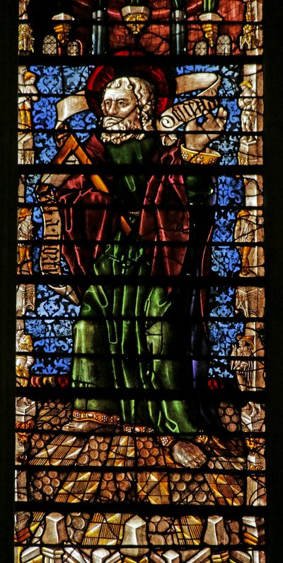 Szent Tamás apostolt ábrázoló ablak Creed-tekerccsel (ólomüveg) alkotó: Thiebaut de Lixheim