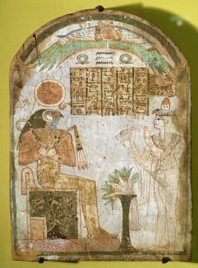 Stela, amely Tachenest ábrázolja, amint Re-Horakhty isten előtt imádkozik, ie 900 (festett fa) alkotó: Third Intermediate Period Egyptian