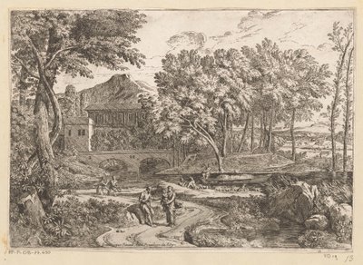Árkádiai táj kecskecsordával a víz mellett, anyával és gyermekével egy ösvényen más alakokkal Suite de Paysages (sorozat címe) alkotó: Théodore