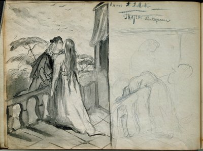 Les lovers Romeo et Juliet Illusztráció William Shakespeare (1564-1616) azonos című darabjáról, amely az erkélyen csókolózó szerelmeseket ábrázol. Theodore Chasseria (1819-1856) Párizs vázlata. Louvre múzeum alkotó: Théodore Chassériau