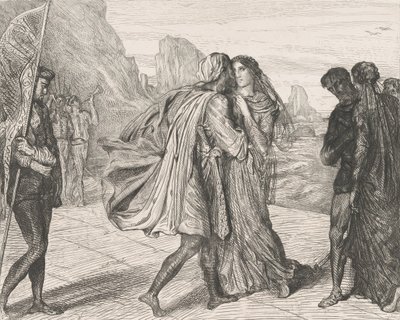 Ó, tisztességes harcosom!: 5. tábla az Othello 2. felvonás 1. jelenetéből, 1844-ben metszett, 1900-ban újranyomva. alkotó: Théodore Chassériau