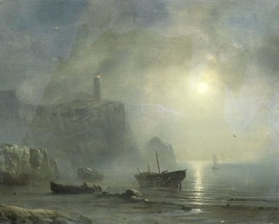 Kilátás a sziklás partra a Holdfényben alkotó: Théodore Gudin (attributed to)