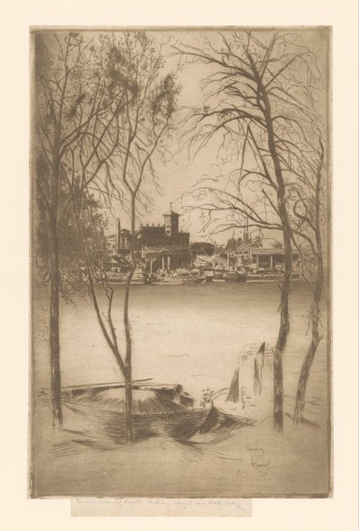 Kilátás a folyóra, kikötővel és iparral Laburnums és Battersea alkotó: Théodore Roussel (signed by artist)