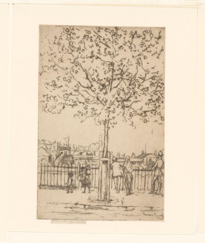 Hat alak a kerítésnél a folyó mentén, az előtérben egy fa Chelsea Embankment, 1889. június, 17:00 alkotó: Théodore Roussel (signed by artist)