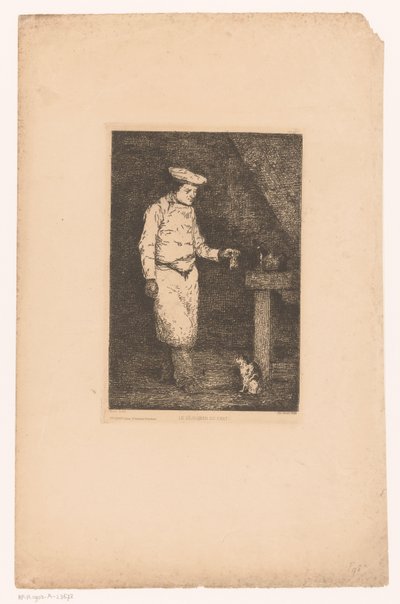 Sötét belső tér egy szakácsnővel, aki egy darab húst nyújt egy macskának Le déjeuner du chat (cím a tárgyon) Eaux-Fortes Modernes: Originales et Inédites (sorozat címe) alkotó: Théodule Augustin Ribot