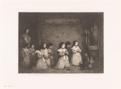 Lányok csoportja imában Mária szobra előtt La Priere (cím a tárgyon) Eaux-Fortes Modernes: Originales et Inédites (sorozat címe) alkotó: Théodule Augustin Ribot