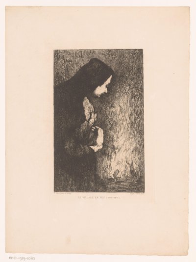 Álló nő nézi az égő falut a háttérben Le Village en Feu (cím a tárgyon) alkotó: Théodule Augustin Ribot