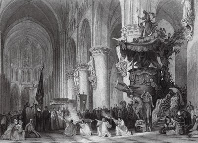 Szent Gudule székesegyház, a híres faragott szószékkel, Brüsszel (metszet) alkotó: Thomas (after) Allom