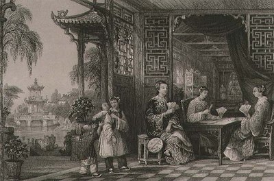 Mandarin család hölgyei a kártyákon, George Newenham Wright (kb. 1790-1877) „China in a Series of Views” című művéből, 1843 (metszet) alkotó: Thomas (after) Allom